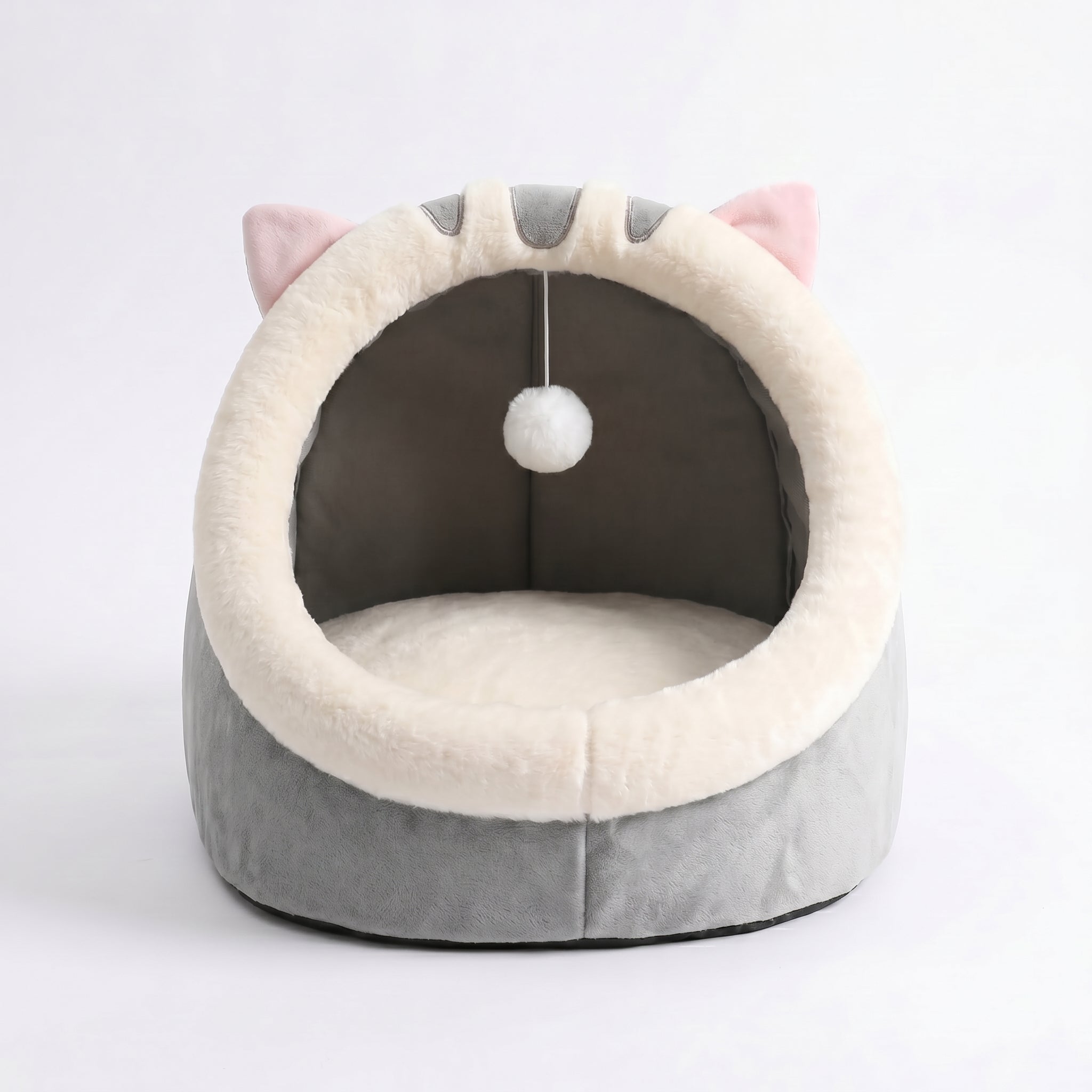 Cozy Cat Cave Bed — Hooded Hideaway with Dangling Pom-Pom Toy