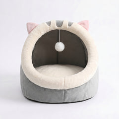 Cozy Cat Cave Bed — Hooded Hideaway with Dangling Pom-Pom Toy