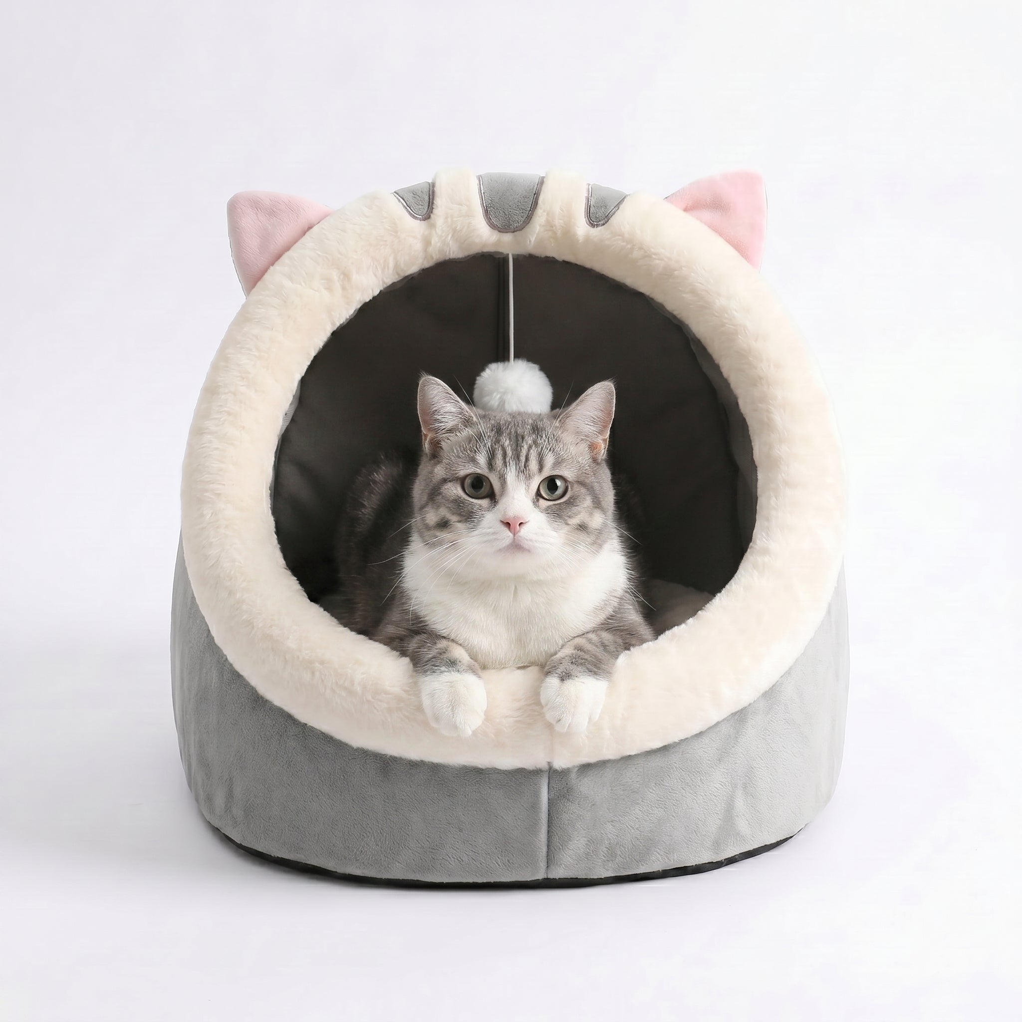 Cozy Cat Cave Bed — Hooded Hideaway with Dangling Pom-Pom Toy