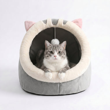 Cozy Cat Cave Bed — Hooded Hideaway with Dangling Pom-Pom Toy