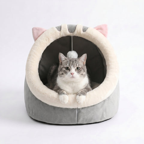 Cozy Cat Cave Bed — Hooded Hideaway with Dangling Pom-Pom Toy