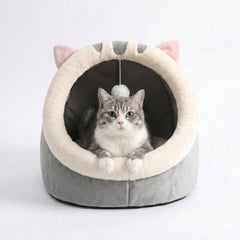 Cozy Cat Cave Bed — Hooded Hideaway with Dangling Pom-Pom Toy