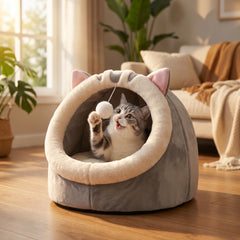 Cozy Cat Cave Bed — Hooded Hideaway with Dangling Pom-Pom Toy